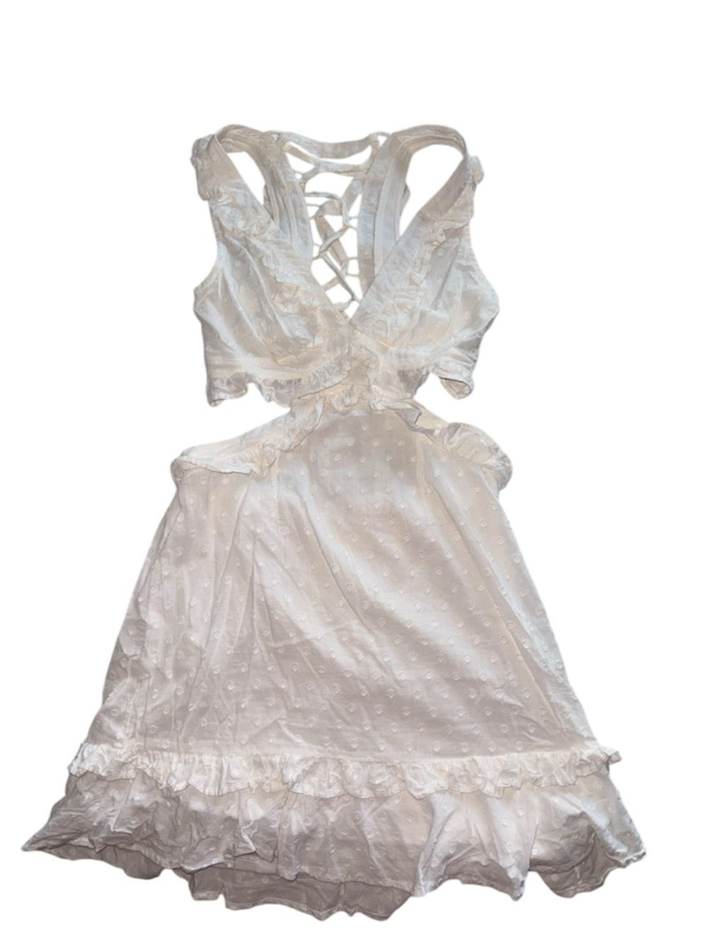 Altar'd State White Eyelet Cutout Mini Dress with Ruffle Hem